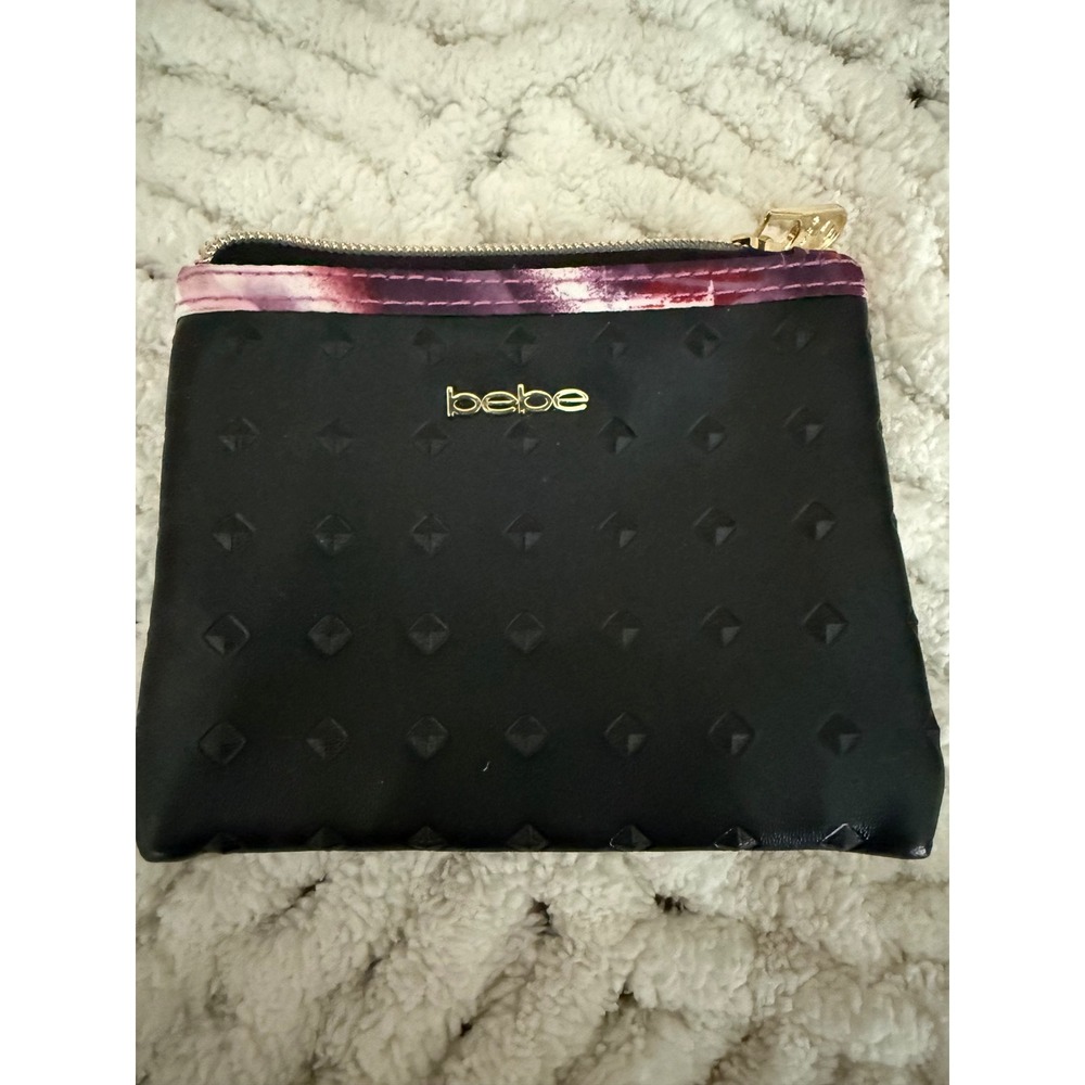 Bebe Black Faux Leather Studded Coin Purse Cosmetic Pouch Gold Logo Floral Trim